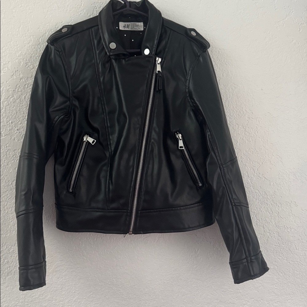 H & M Kids Black Faux Leather Moto Jacket Size 10